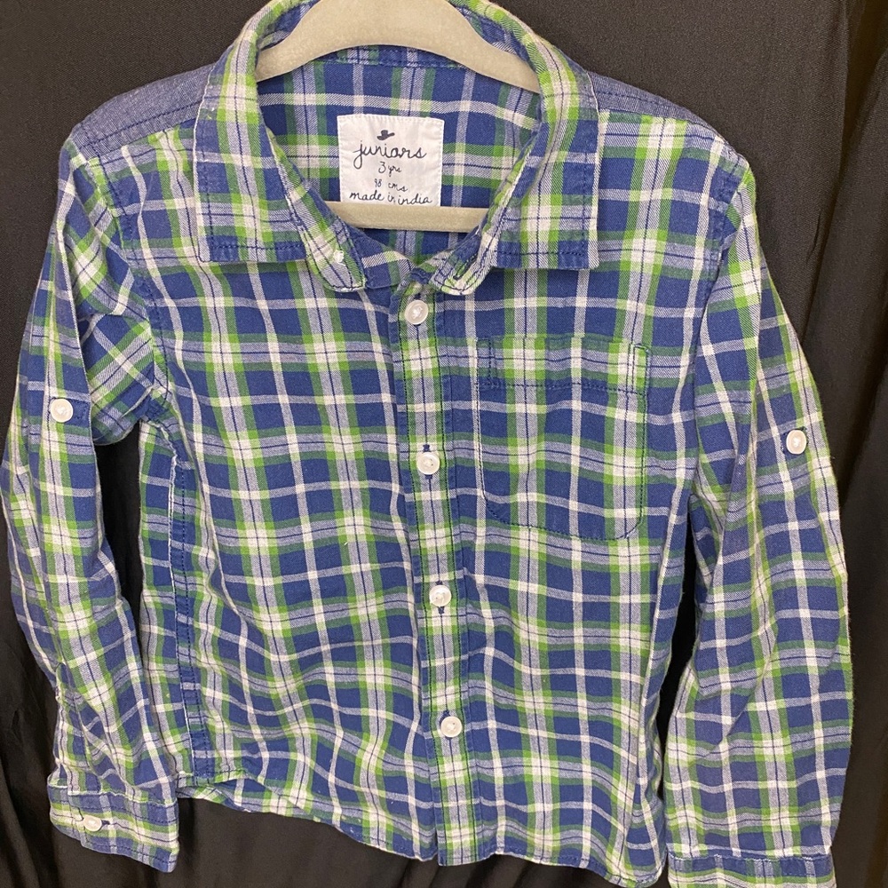 Boys 3T long sleeve button down blue and green plaid